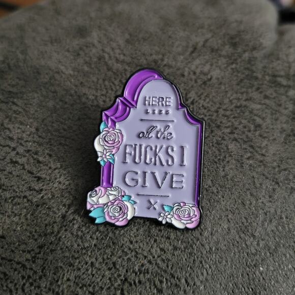 Here Lies All The F*cks I Give purple enamel tombstone pin - Picture 4 of 5